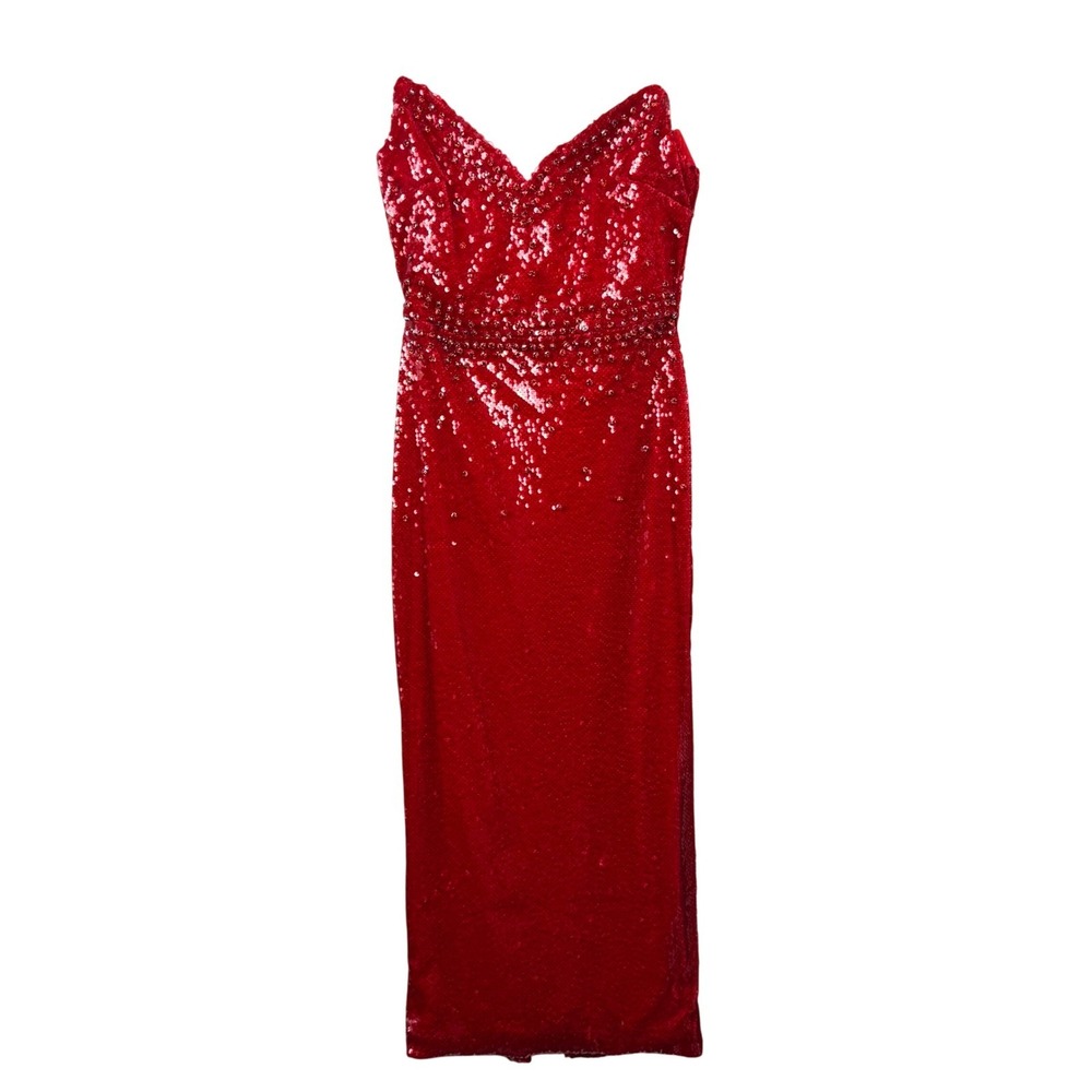 Bella Barnett Red Sequin Beaded Strapless Sweetheart Midi Dress Womens Small